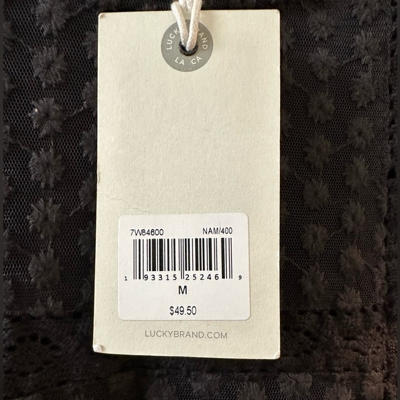 NWT Lucky Brand 3/4 Sleeve Semi Sheer Mixed Motif Embroidered Black Lace Top - Picture 6 of 7